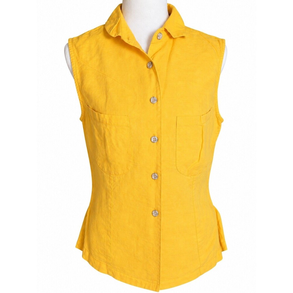 Harvé Benard Linen Cotton Mustard Yellow Sleeveless Button Front Blouse